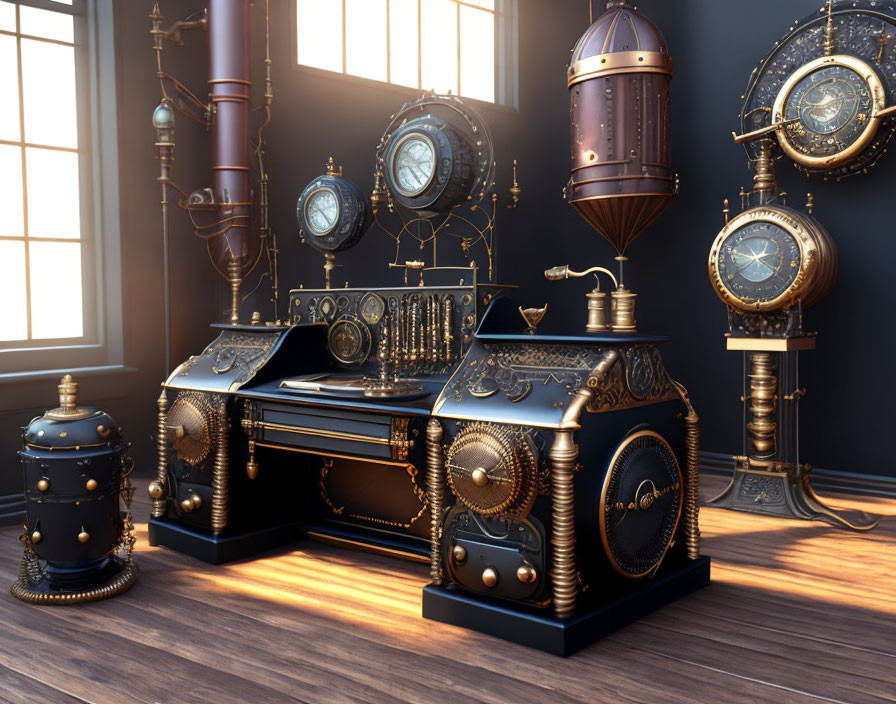 Steampunk-themed room with vintage metallic gears, pipes, and intricate machinery in warm, sunlit