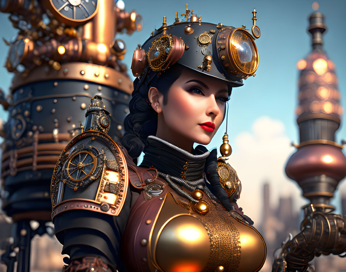 Steampunk female character in ornate gear attire with detailed hat and shoulder armor on mechanical backdrop