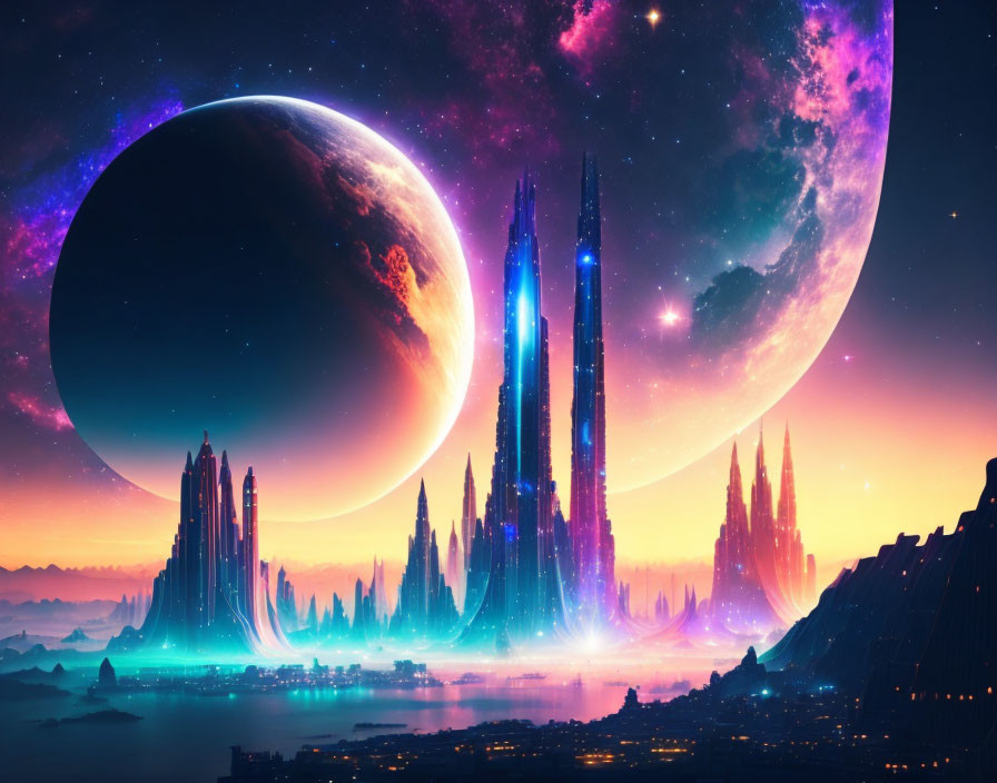 Futuristic cityscape with neon spires, giant planet, and tranquil waterfront at dusk