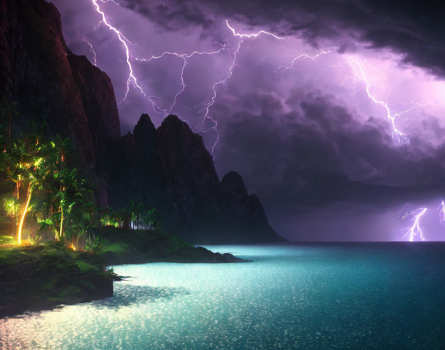 Tropical Night Coastline with Lightning, Palm Trees, and Turquoise Sea