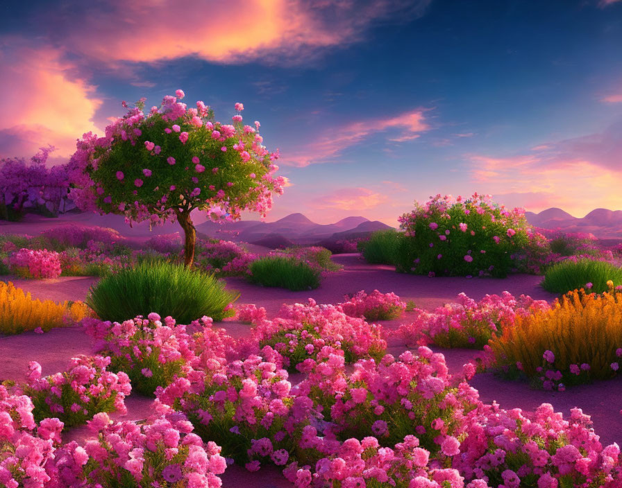 Colorful Blooming Flowers in Pink-Hued Landscape