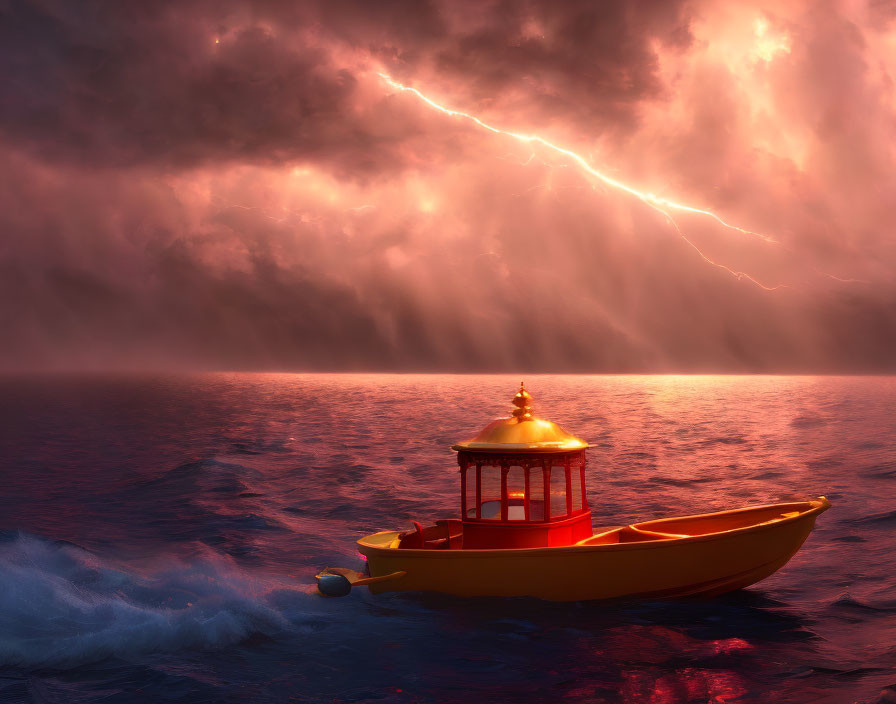 Small Yellow Boat Sailing on Turbulent Sea with Lightning Bolt