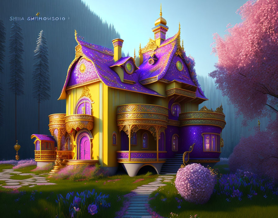 Colorful Yellow and Purple Fantasy Cottage in Nature Setting