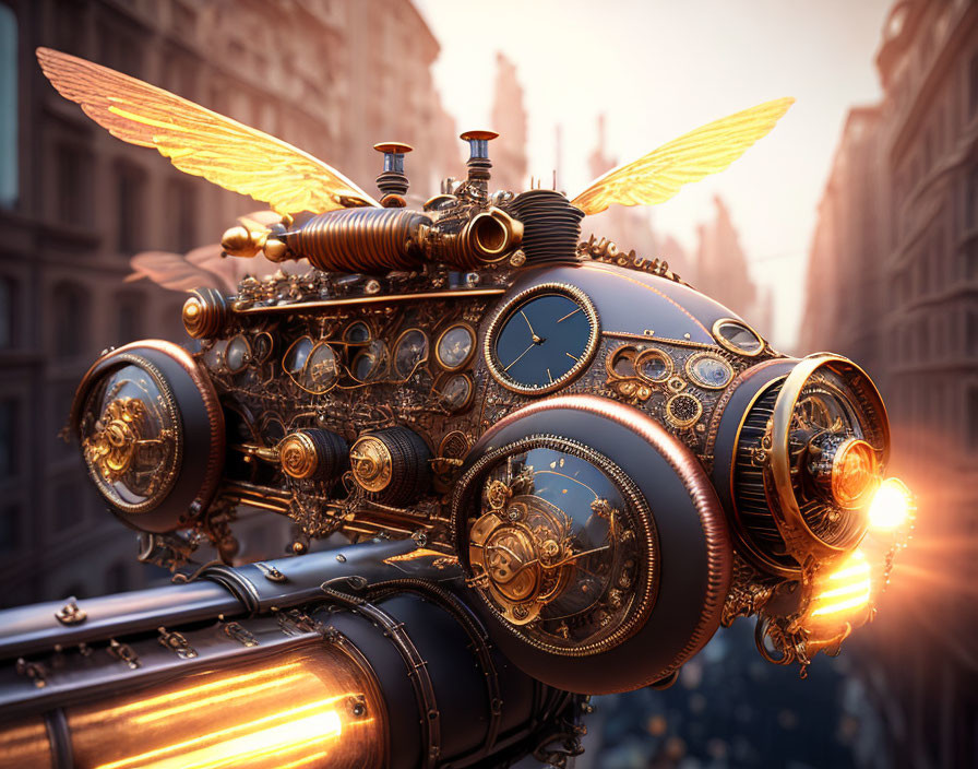 Intricate steampunk mechanical device flying through urban canyon at dusk