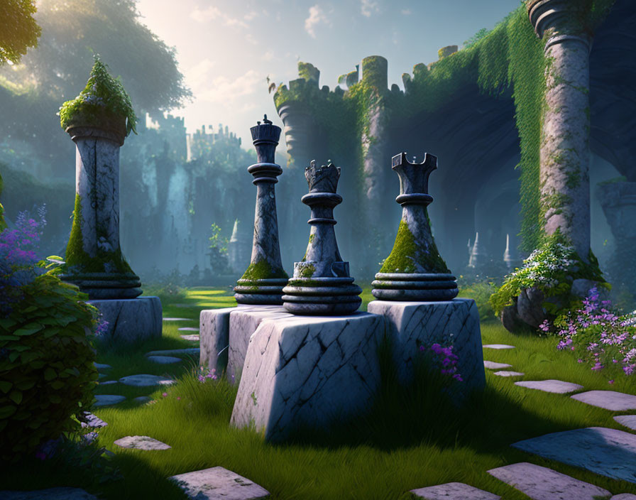 Enchanted forest clearing with oversized chess pieces and ancient ruins in soft sunlight