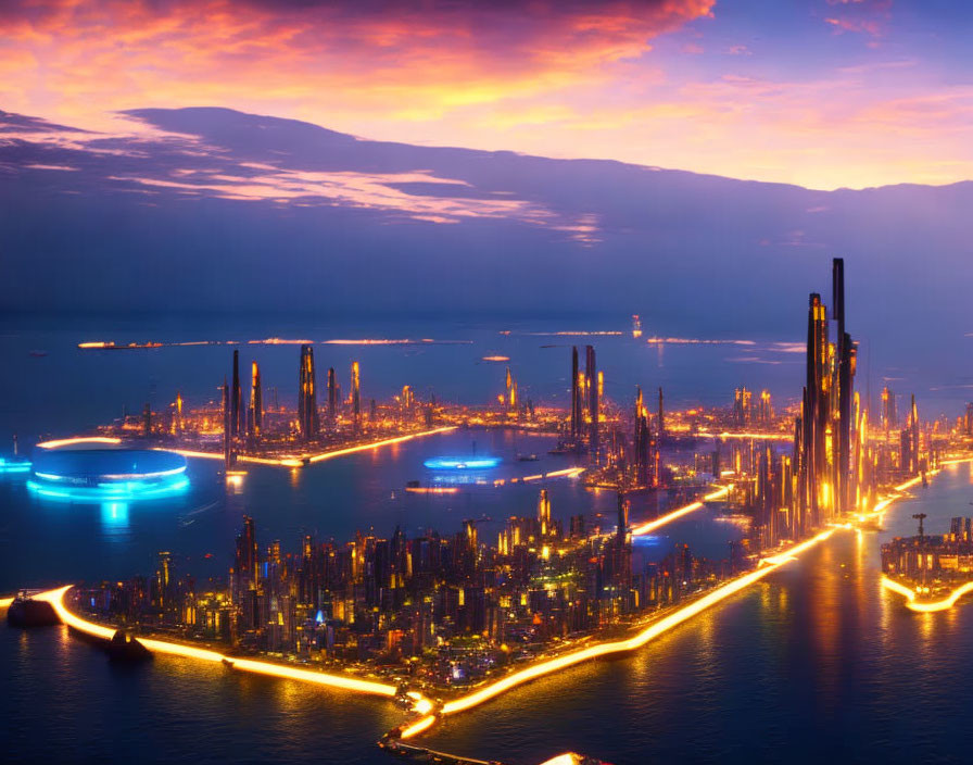 Futuristic cityscape at twilight with illuminated skyscrapers and flying vehicles