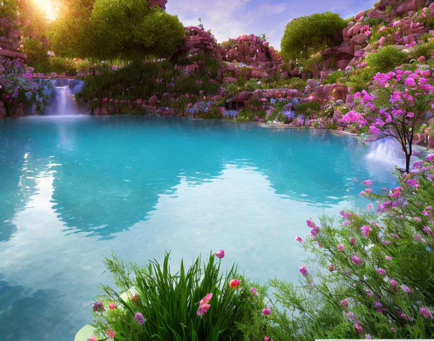 Tranquil Turquoise Lake with Waterfalls and Pink Flora