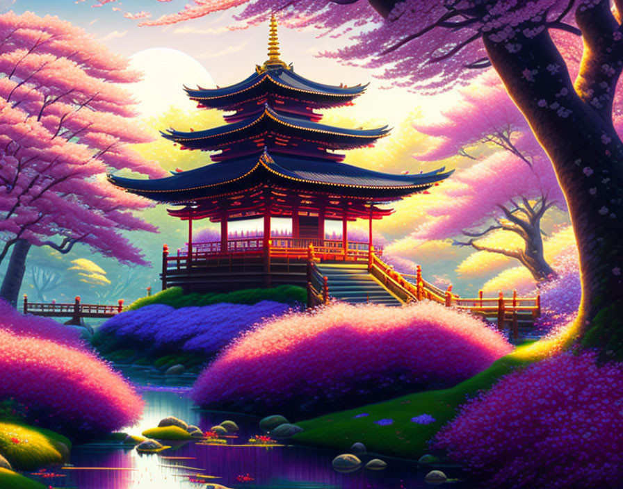 Traditional Japanese pagoda with cherry blossoms and tranquil pond