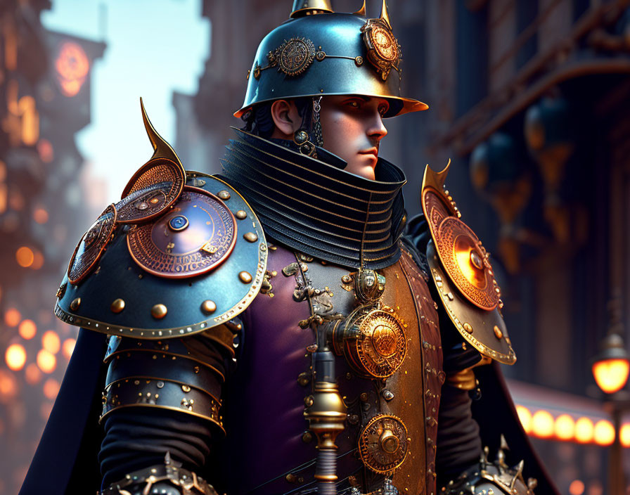 Digital artwork: Person in ornate steampunk armor against blurred cityscape at dusk