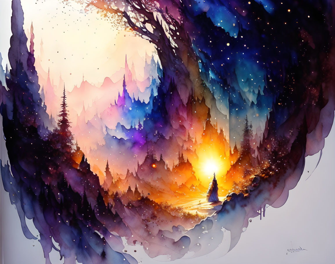 Colorful Watercolor Painting of Person in Surreal Landscape