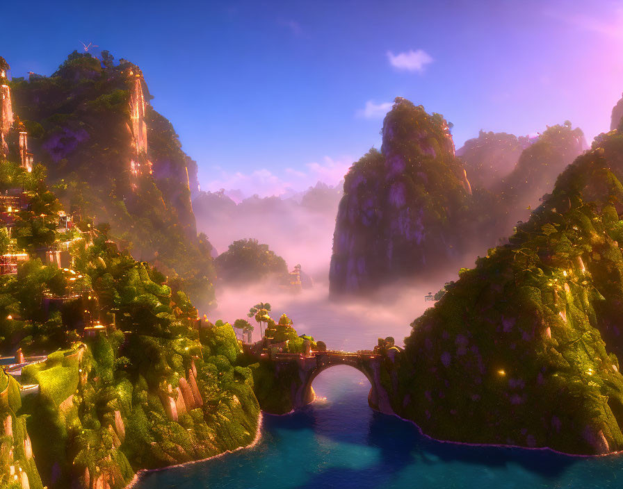 Lush cliffs, turquoise river, illuminated buildings: fantastical sunset landscape