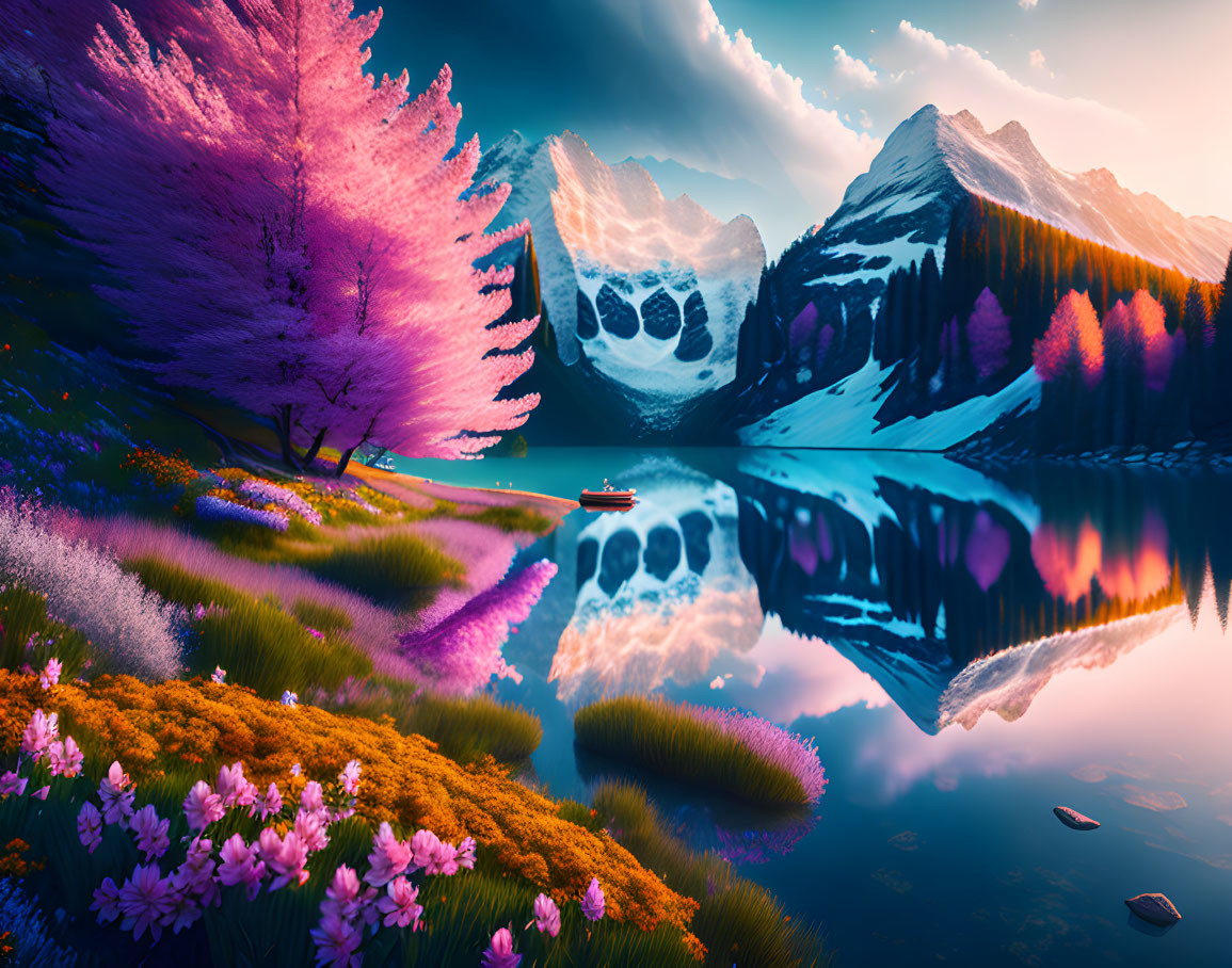 Surreal landscape with rowing person, colorful trees, and mountains at sunset