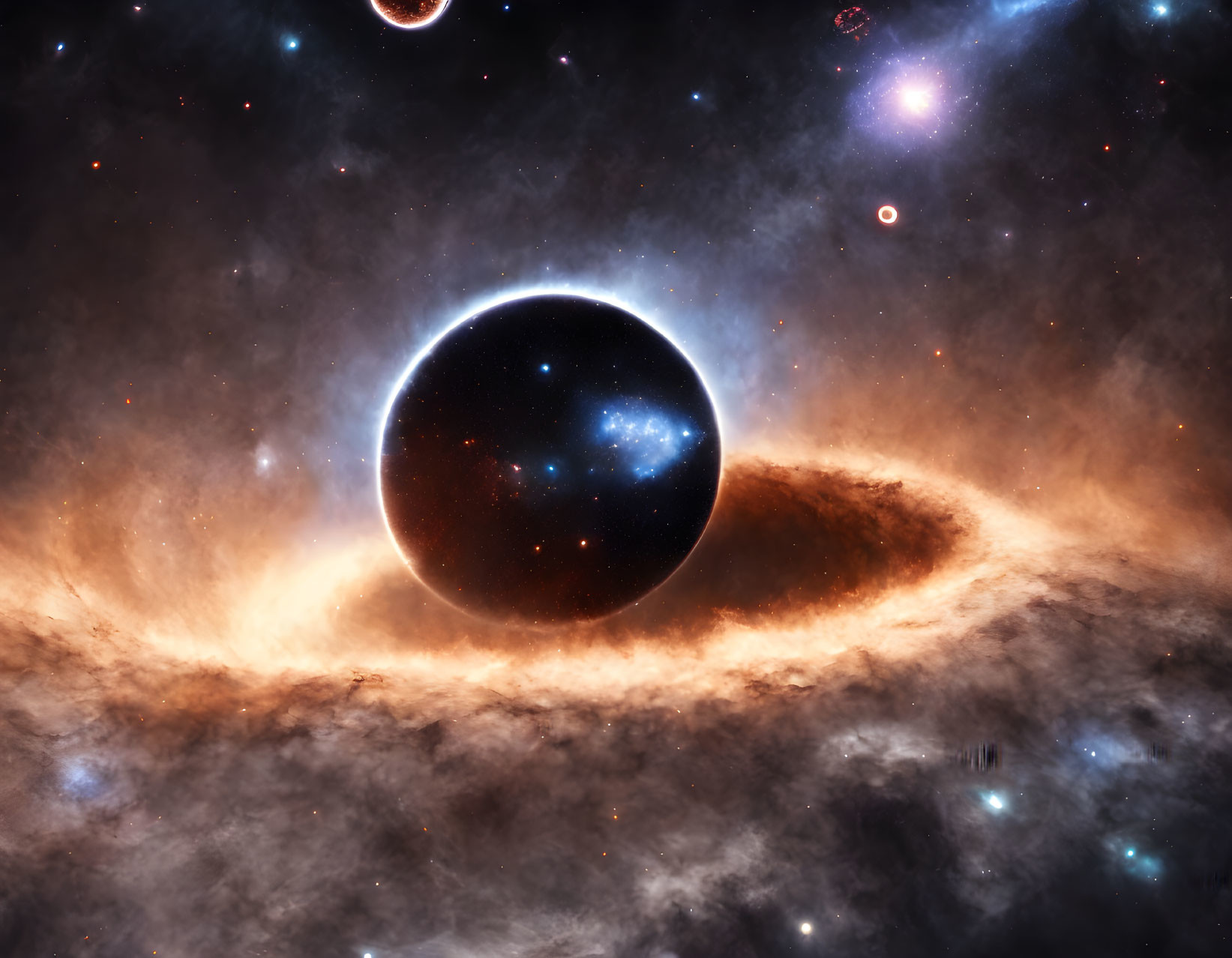 Dark Planet Surrounded by Glowing Ring in Cosmic Space