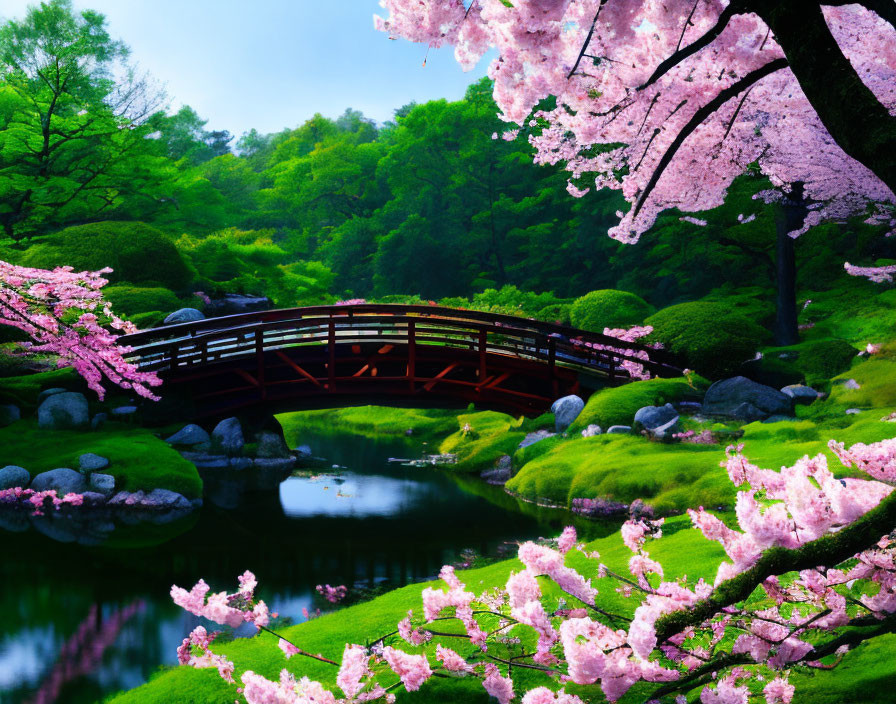 Tranquil pond with wooden bridge and cherry blossoms