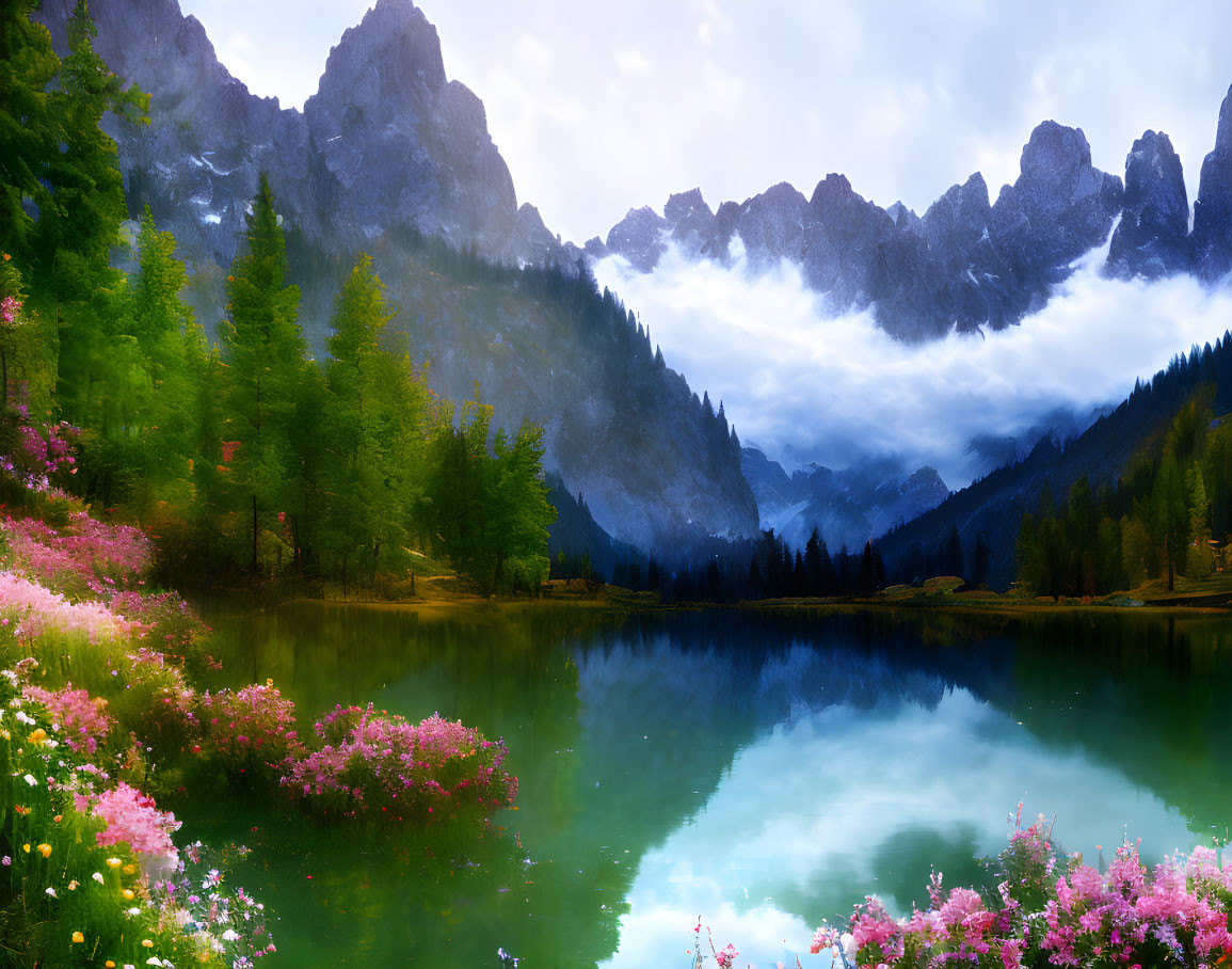 Tranquil mountain lake with greenery, flowers, and jagged peaks