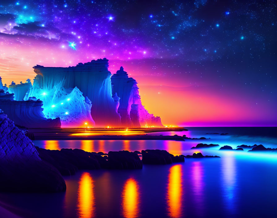 Fantastical coastline digital artwork with illuminated rock formations