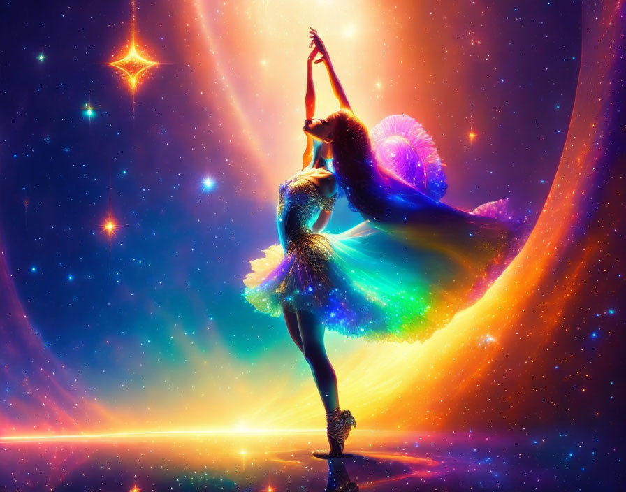 Luminous dress dancer in cosmic background pose