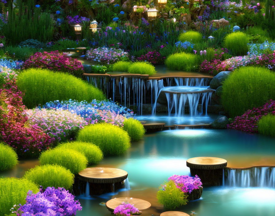 Tranquil garden scene with vibrant flowers, waterfalls, greenery, lanterns