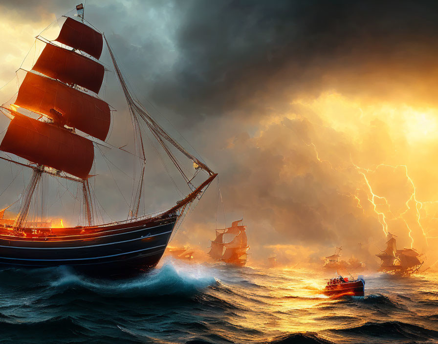 Large sailboat and smaller ships in stormy ocean with lightning bolts.