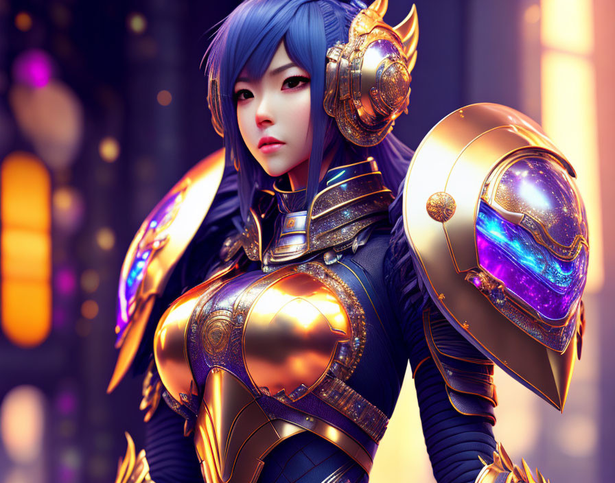 Blue-Haired Woman in Golden Armor on Warmly Lit Background