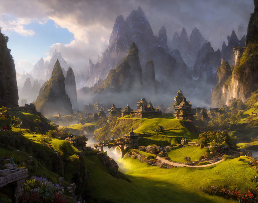 Mystical landscape with towering peaks and serene village scenery