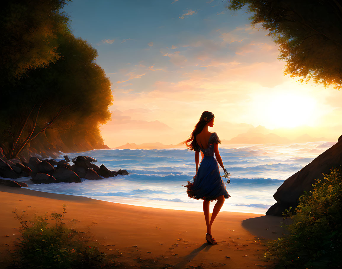 Woman in Blue Dress Walking on Beach at Sunset with Waves and Sun Glow