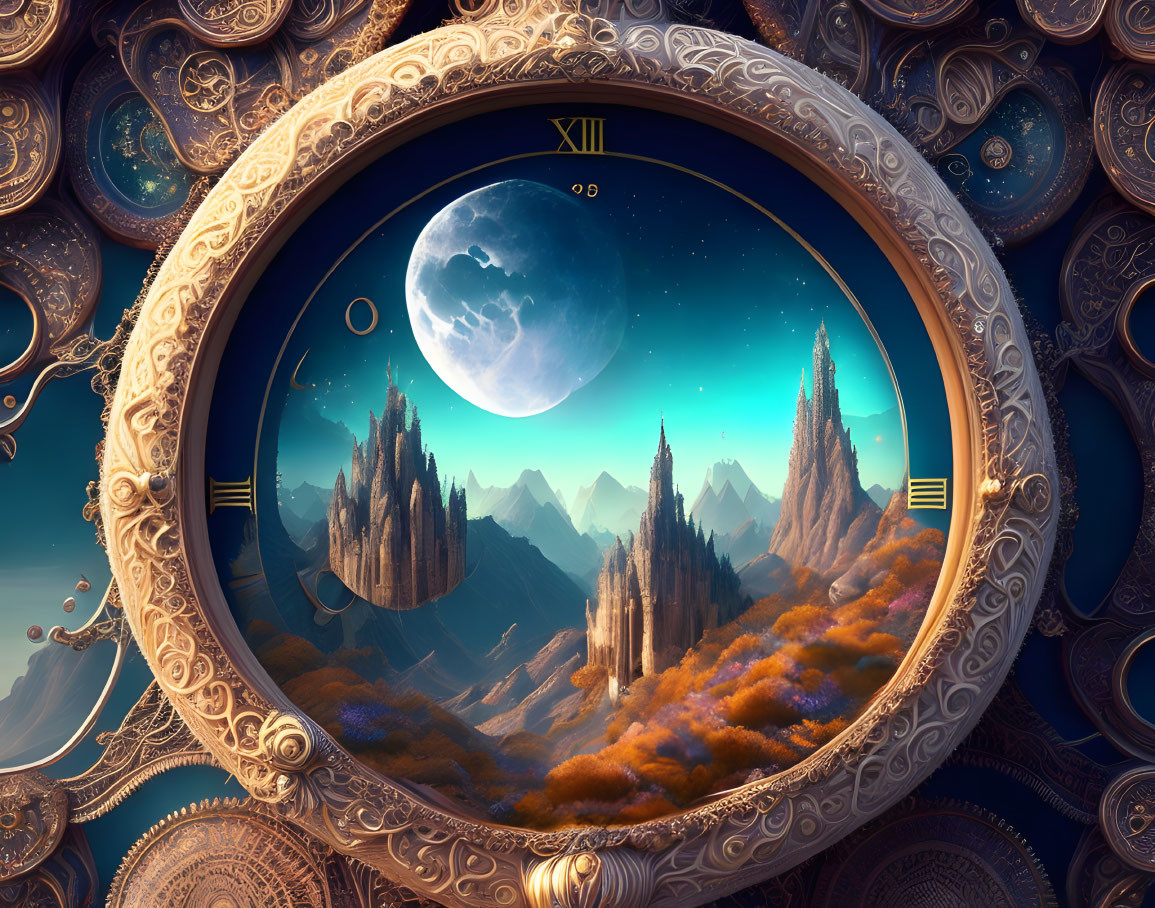 Fantasy landscape with ornate clocks, mountains, starry sky, and moon