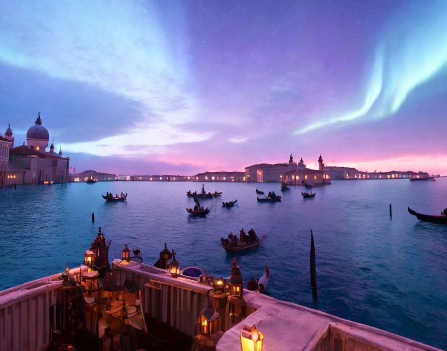 Scenic sunset with aurora over Venice gondolas and lit lanterns