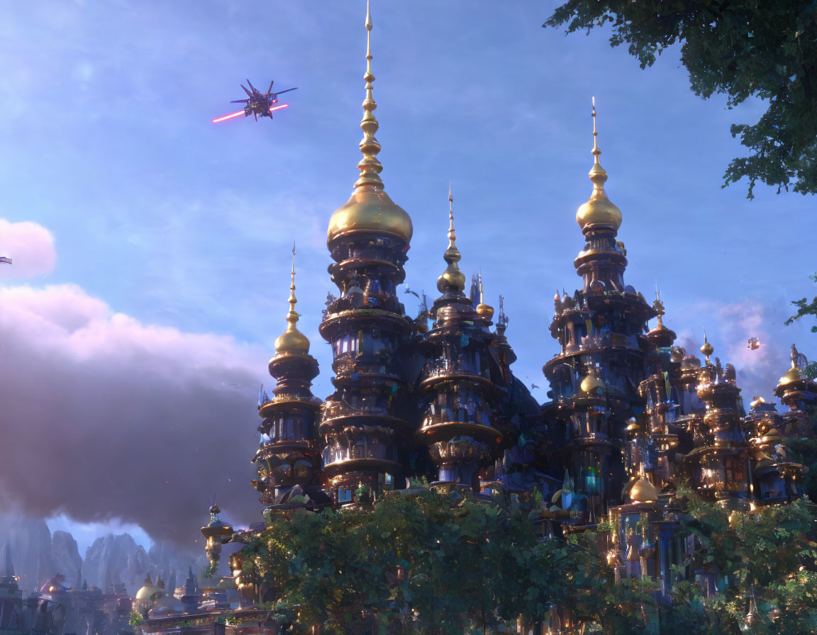 Fantasy cityscape with golden spired towers and flying craft against cloud backdrop