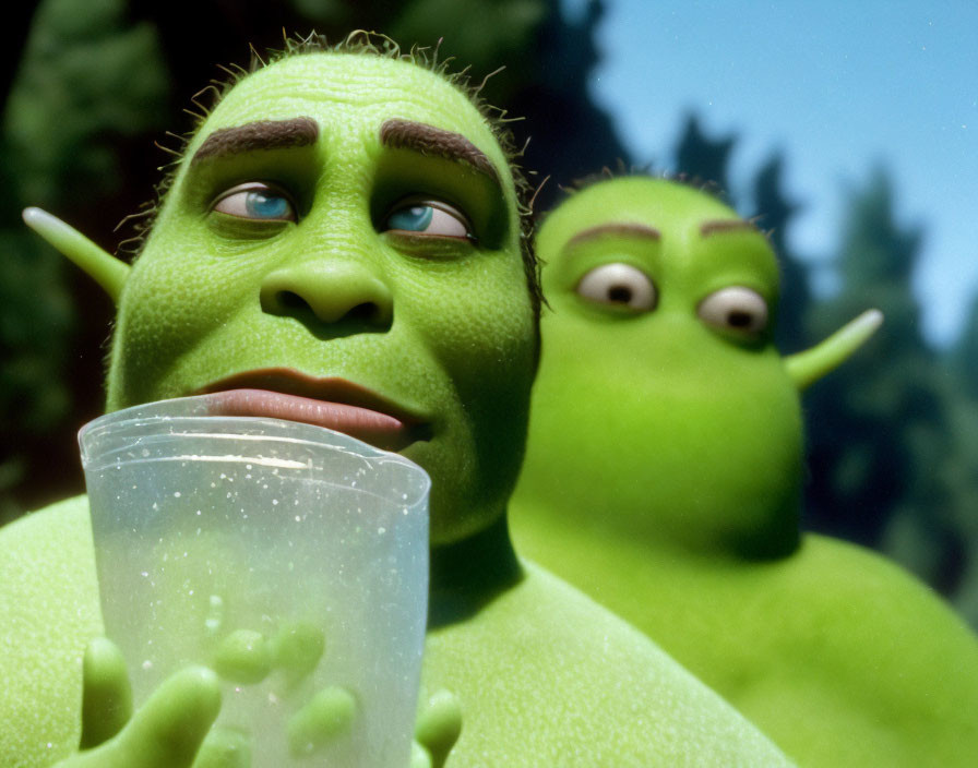 Two green ogres with unique ears and expressive faces in a natural setting.