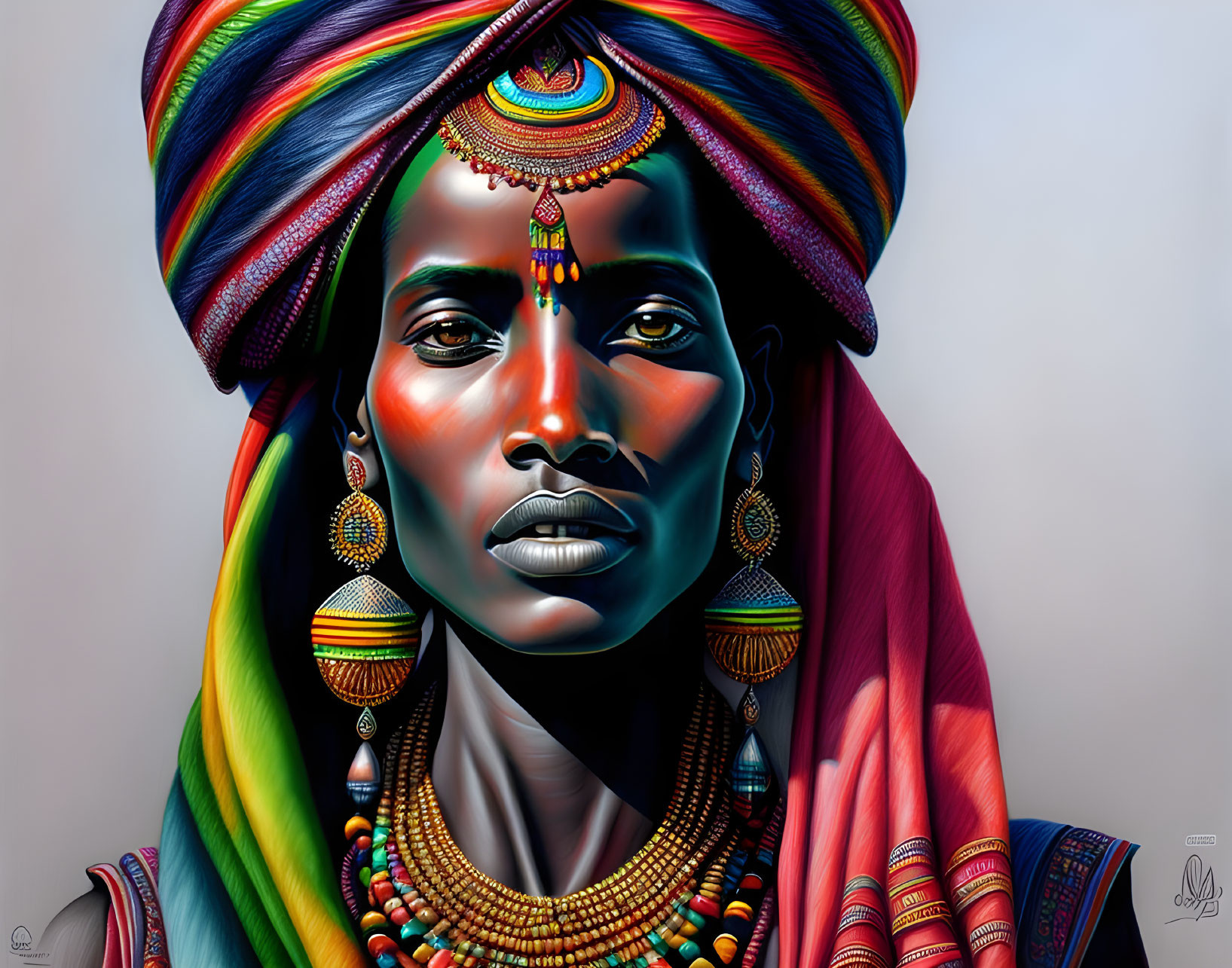 Colorful headwrap and traditional jewelry portrait with vibrant hues