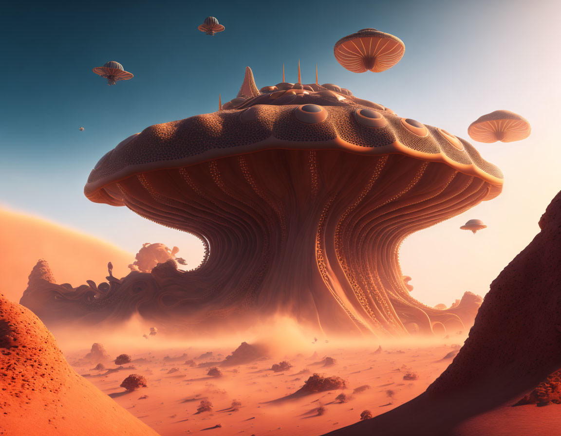 Gigantic mushroom-like structure in surreal dusty landscape