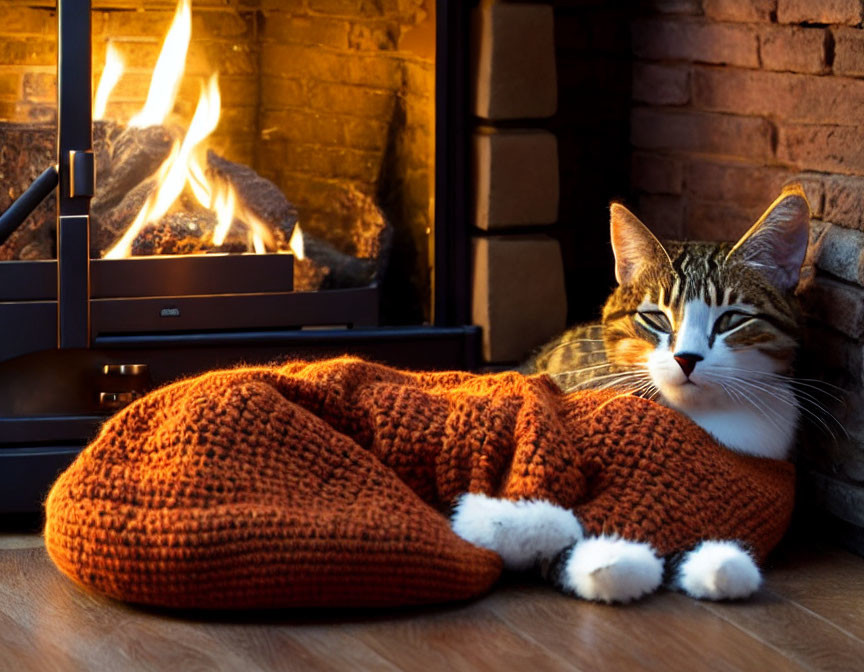 Tabby Cat Relaxing by Glowing Fireplace with Orange Knitted Blanket