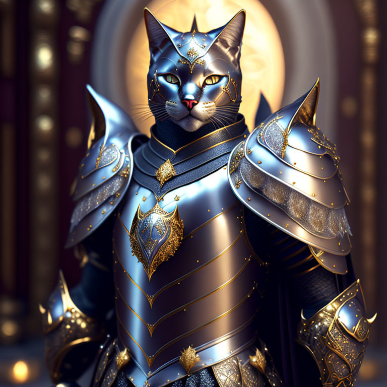 Anthropomorphic cat in gold-accented armor exudes majesty