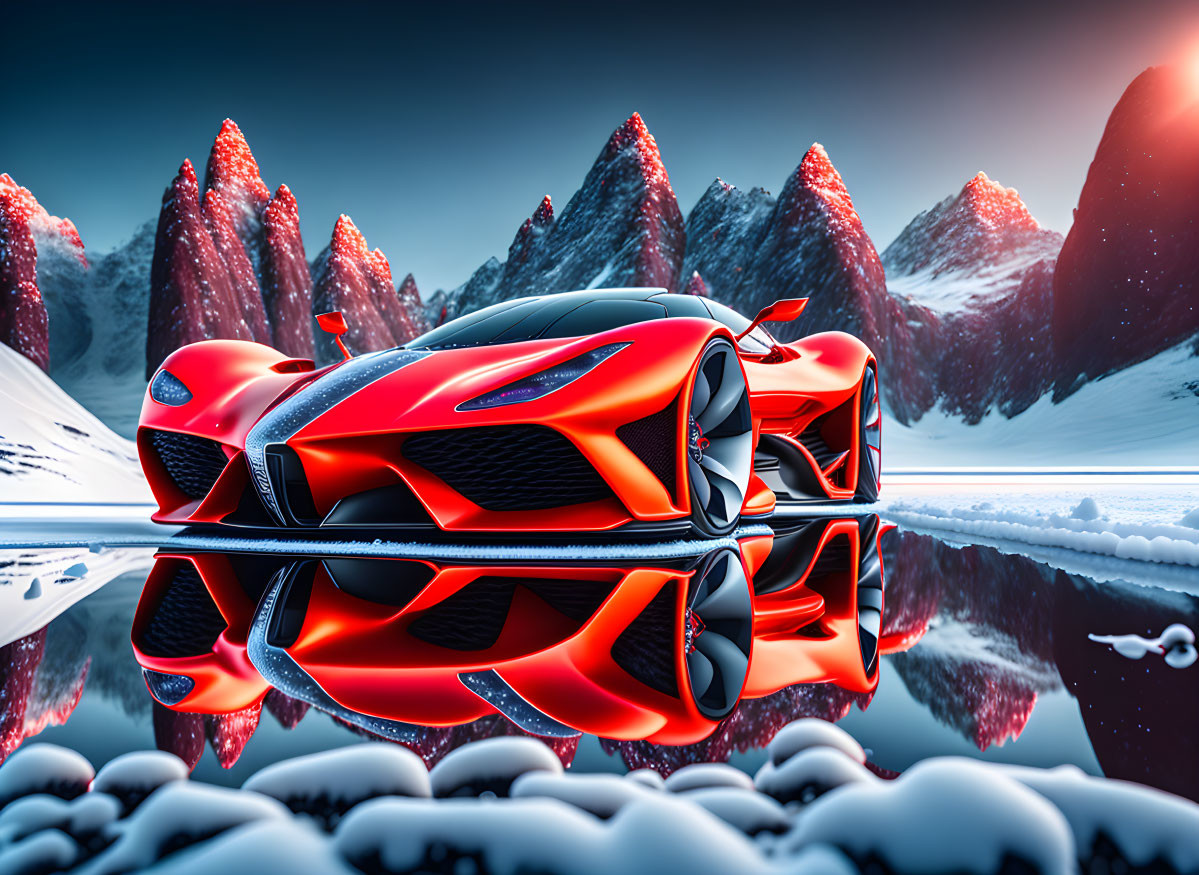 Red sports car on icy surface with snow-covered mountains and red skies at dusk