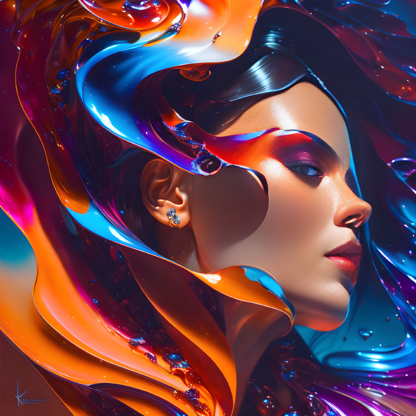 Abstract surreal portrait with vibrant fluid-like shapes in blue, orange, and purple.