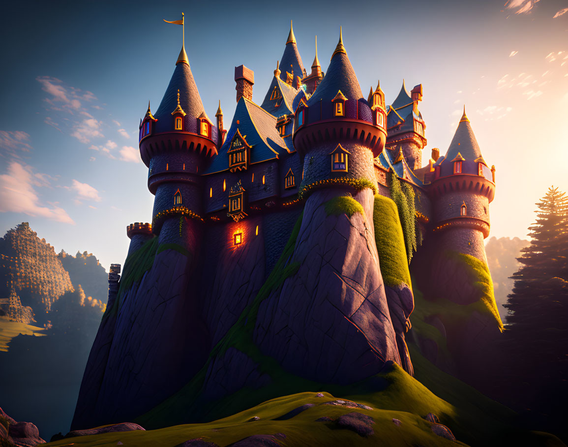 Majestic castle with multiple spires on rocky hill at sunset