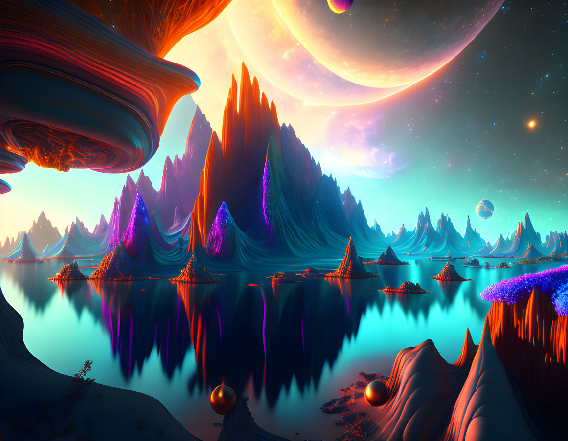 Alien landscape digital artwork with surreal mountains and luminous flora