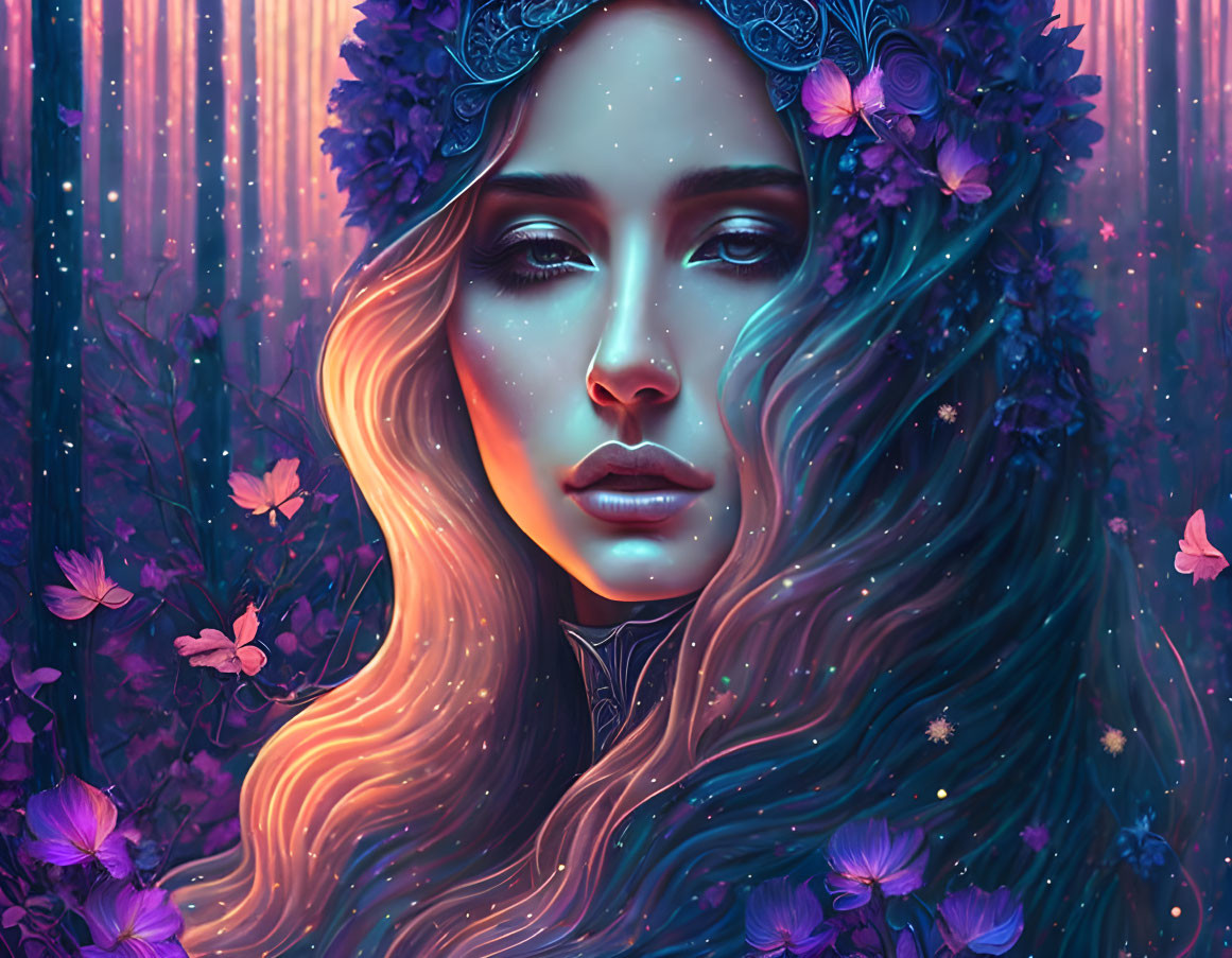 Digital illustration of woman with floral wreath in mystical purple forest with butterflies