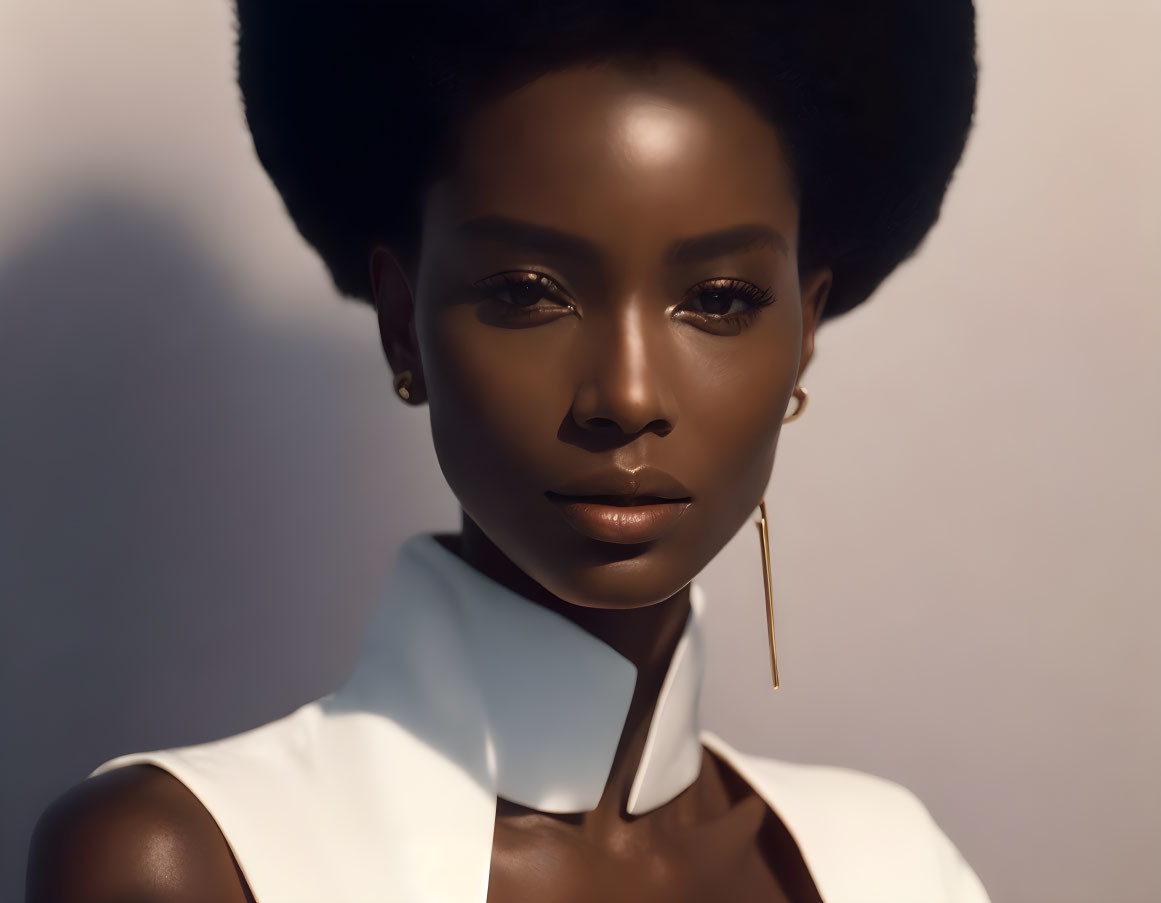 Portrait of woman with dark skin, afro hair, white top, delicate earring, and soft