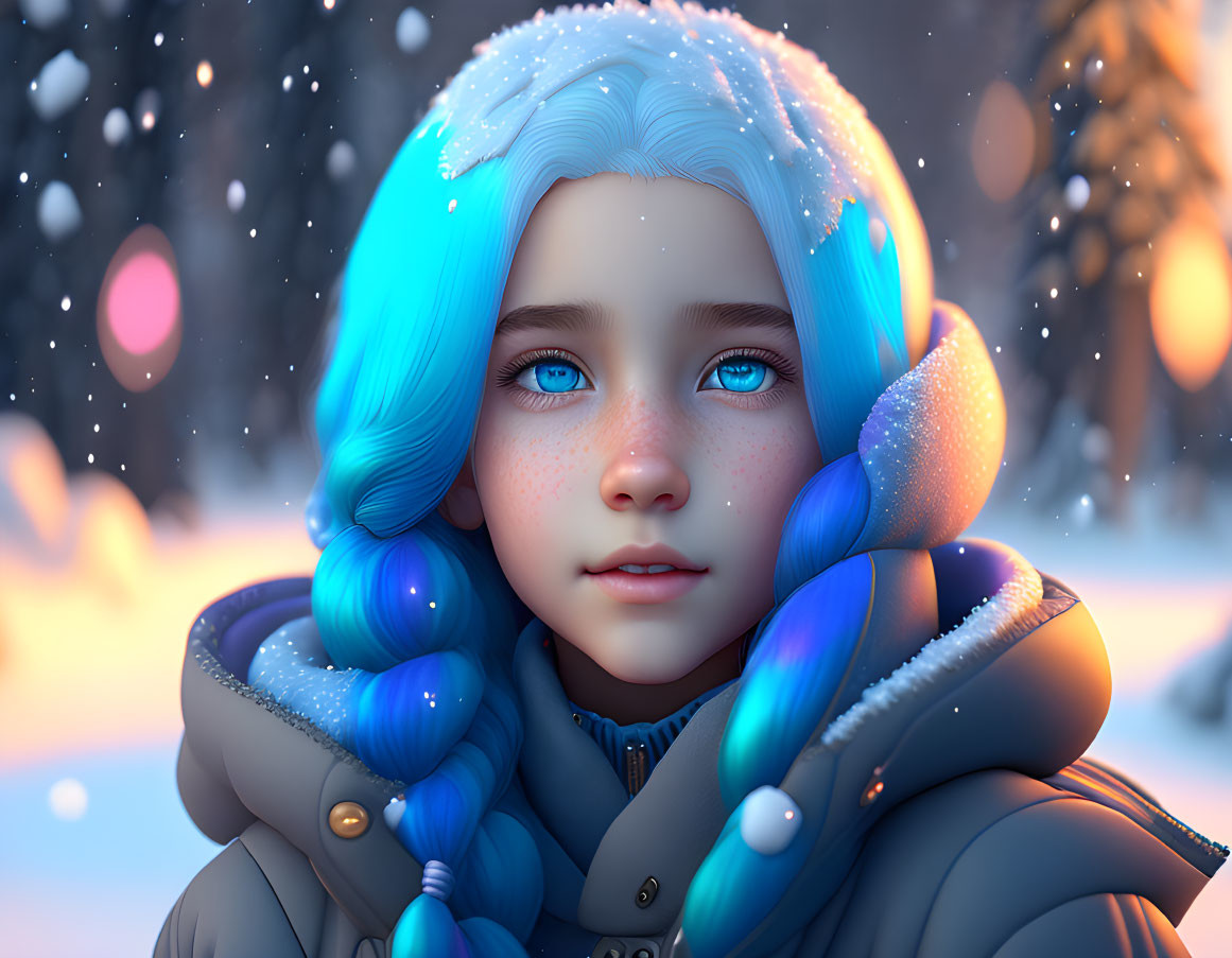 Digital artwork of girl with blue hair and coat in snowy scene