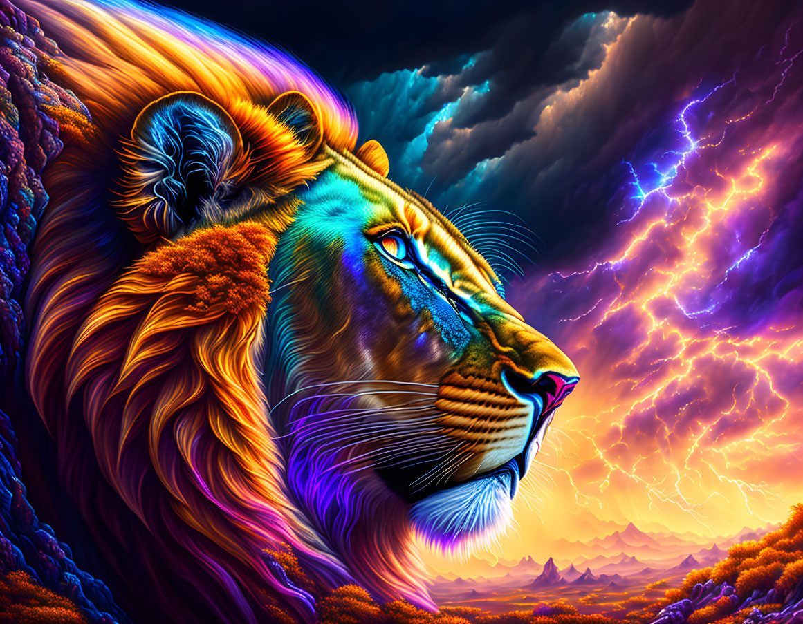 Colorful lion profile with neon sky and fiery landscape