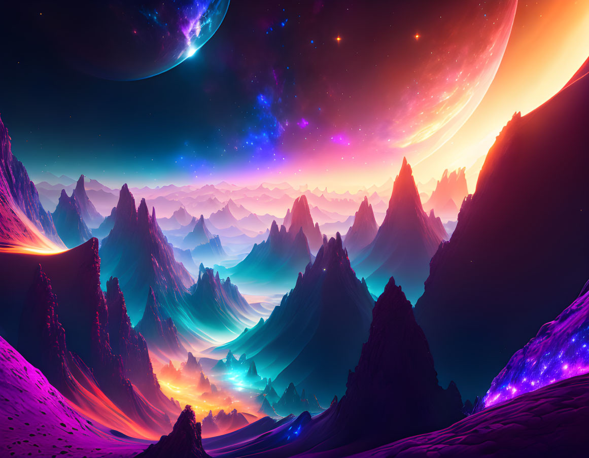 Colorful digital art: Mystical mountains under cosmic sky