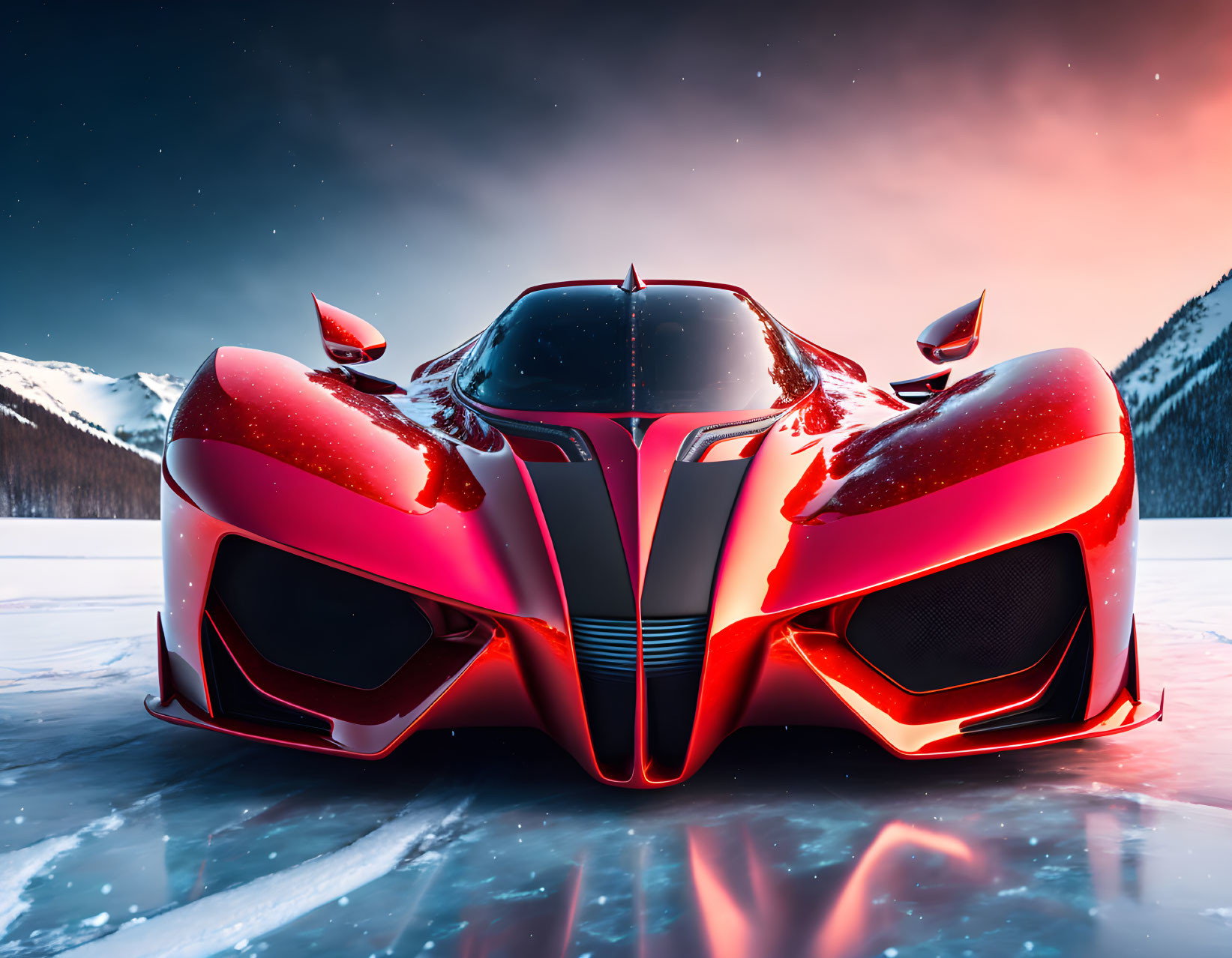 Red Futuristic Supercar on Icy Terrain with Snow-Covered Mountains at Dusk