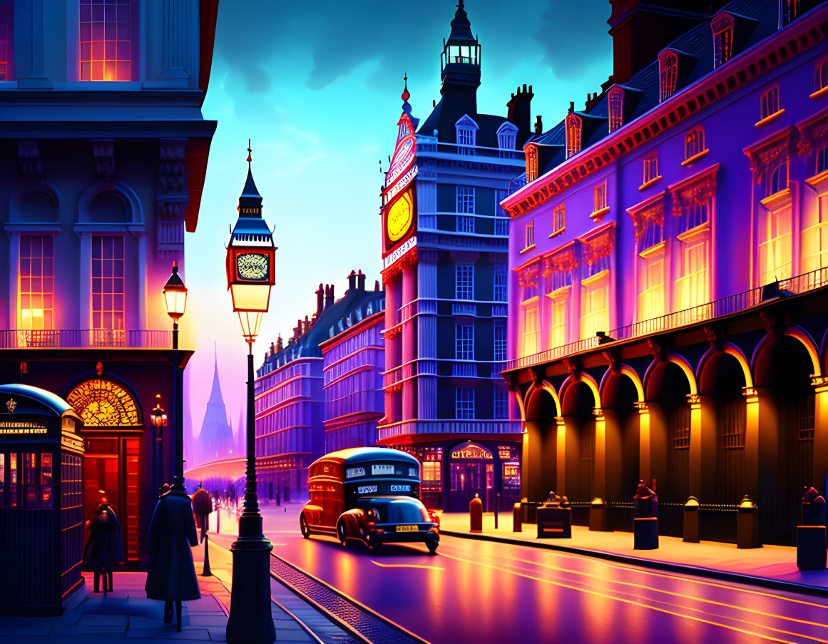 Stylized London street scene with iconic landmarks and double-decker bus.