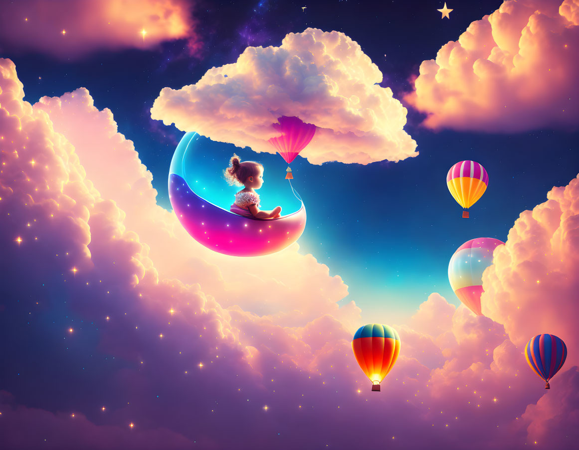 Toddler in Moon Balloon Surrounded by Colorful Hot Air Balloons