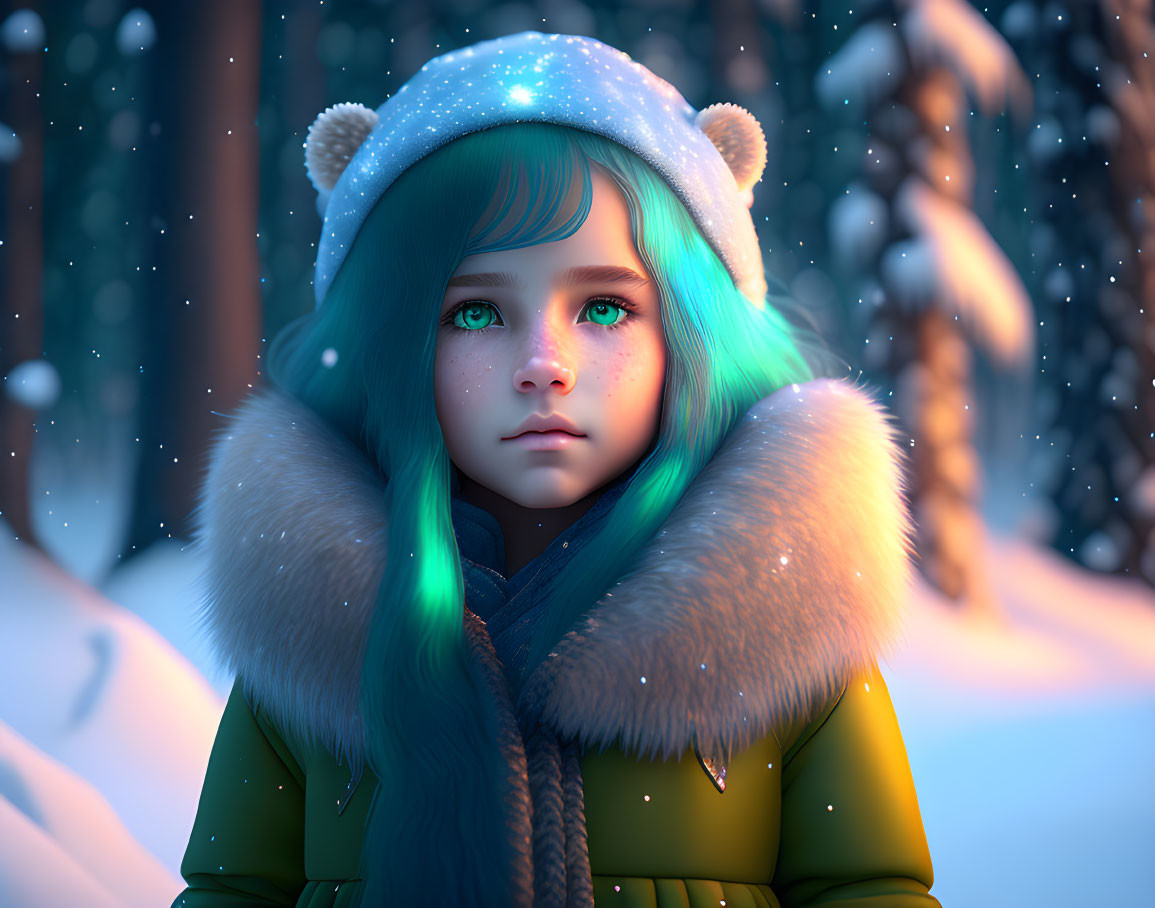 Young girl with blue hair and bear-eared hat in snowy twilight.