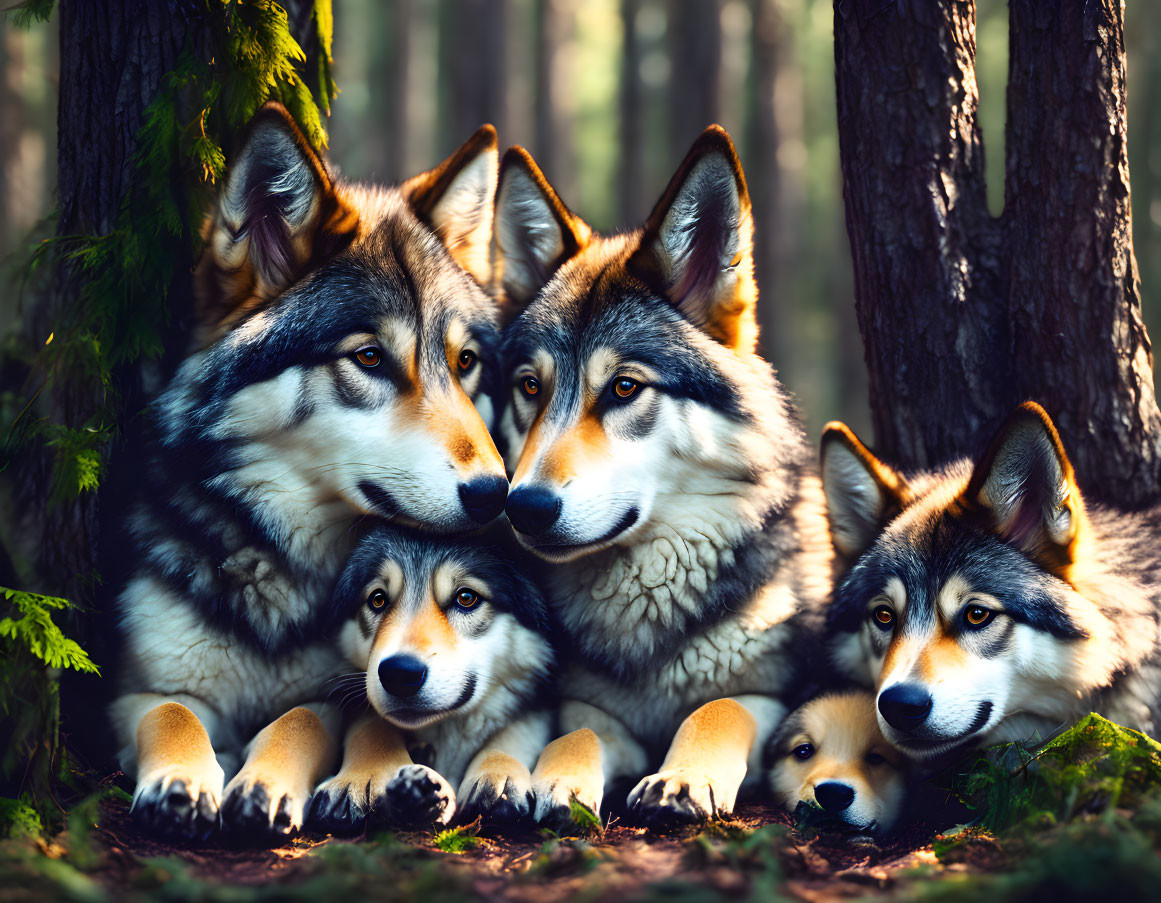 Group of Wolves Resting in Forest: Vivid Eyes, Family Bond