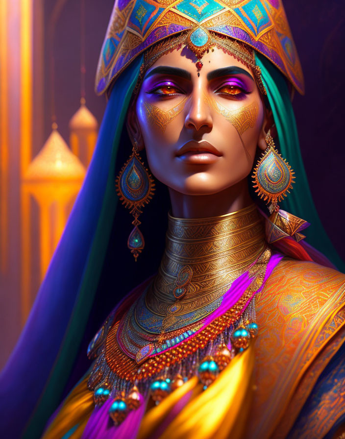 Regal woman in jeweled attire against lantern-lit backdrop