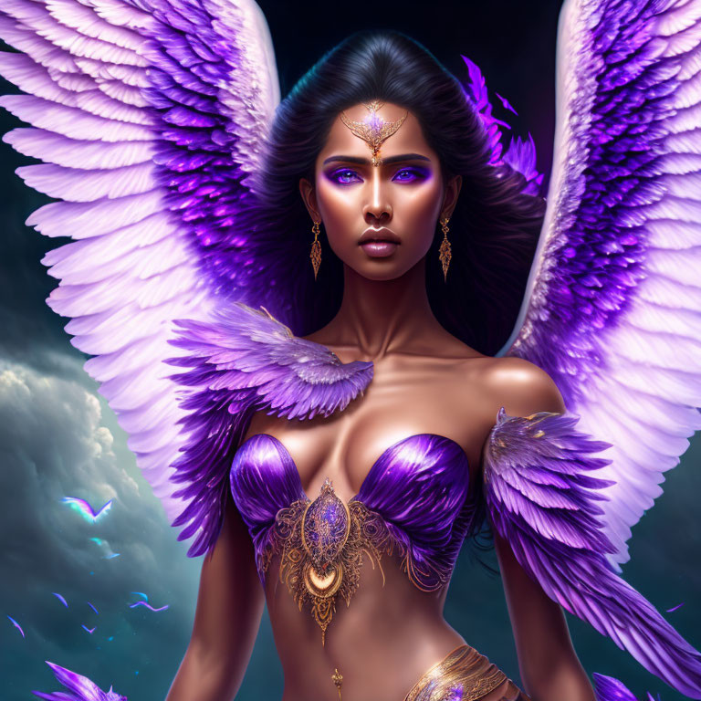 Digital artwork featuring woman with violet wings, attire, golden jewelry, and ethereal background